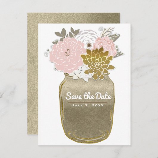 メイソンジャー 花 ラスティック ピンク ゴールド Save the Date 案内ポストカード (正面/裏面)