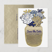 メイソンジャー 花 ラスティック ブルー ゴールド Save the Date 案内ポストカード (正面/裏面)