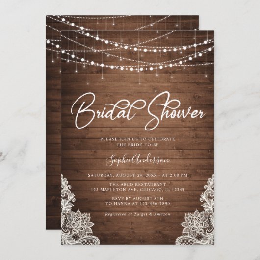 メイソンジャ素朴ーズウッドライトレースブライダルシャワー 招待状 (正面/裏面)
