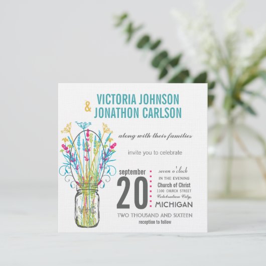 メイソンモダンジャールアクアイエローライムピンクフローラ 招待状 (スタンド正面)