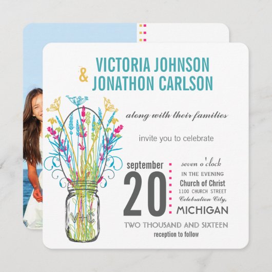 メイソンモダンジャールアクアイエローライムピンクフローラ 招待状 (正面/裏面)