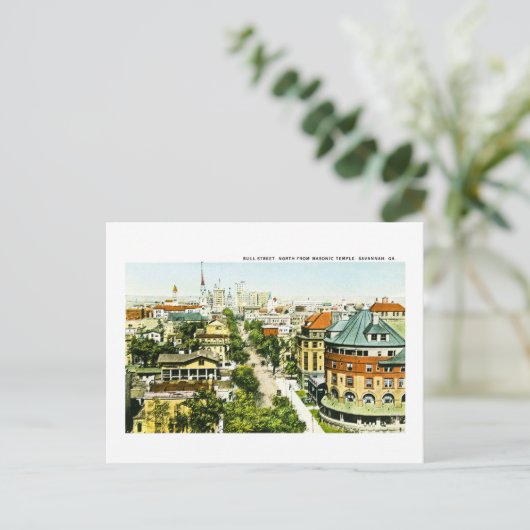 メイソン寺院から見たブル・ストリート・ノース、サバンナ、ジョージア州 ポストカード (スタンド正面)
