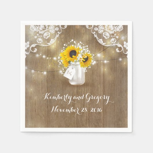 メイソン素朴の瓶と赤ん坊の息とヒマワリ スタンダードカクテルナプキン (正面)