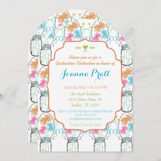 メイソン素朴ジャイルピンクコーラルアクアフローラ卒業 招待状 (正面/裏面)