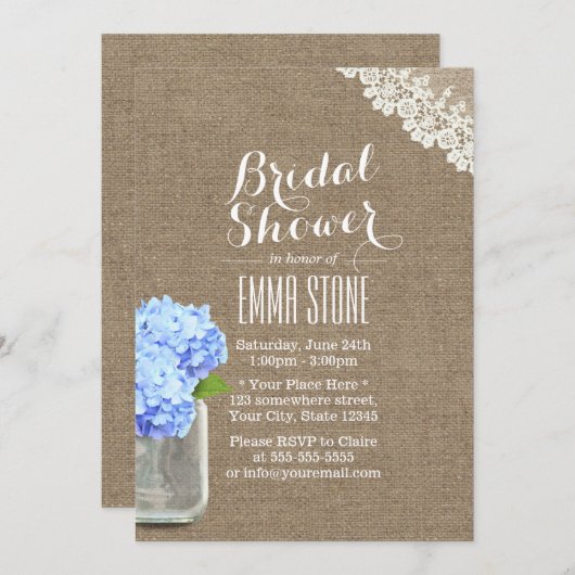 メイソン素朴ジャージュランジェアバーラップブライダルシャワー 招待状 (正面/裏面)