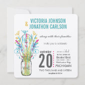 メイソン素朴ジャールアクアイエローライムピンクフローラ 招待状 (正面)