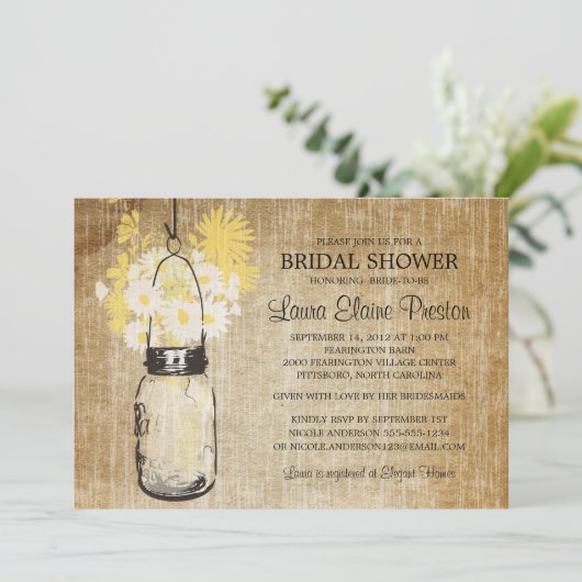 メイソン素朴ジャールイエローフローラブライダルシャワー 招待状 (スタンド正面)