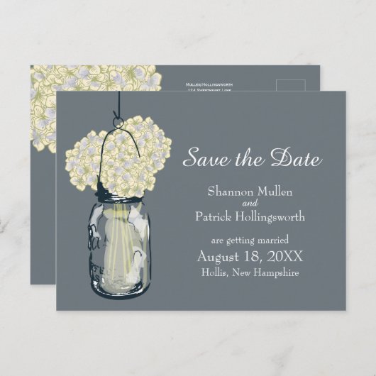 メイソン・ジャーとアジサイの日付を保存 案内ポストカード (正面/裏面)