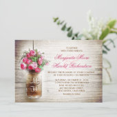 メイソン·ジャーと濃いピンクの花の結婚式が招かれる 招待状 (スタンド正面)