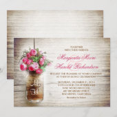 メイソン·ジャーと濃いピンクの花の結婚式が招かれる 招待状 (正面/裏面)