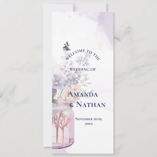 メイソン・ジャーの紫色の花のフローラ結婚式プログラム 招待状 (正面)