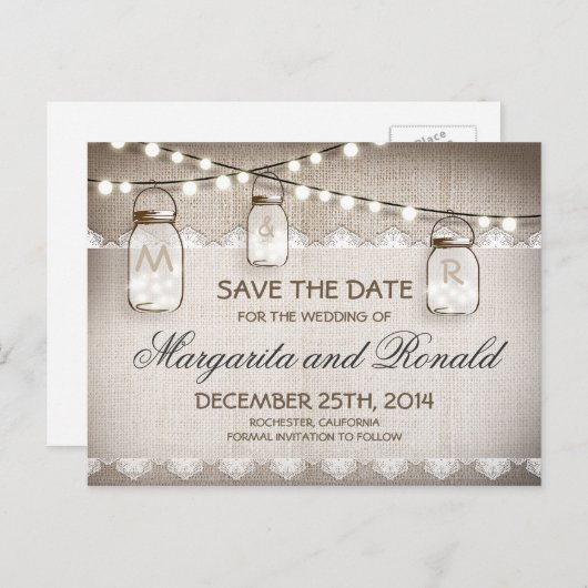 メイソン・ジャースとバーラップ・レース日付を保存 案内ポストカード (正面/裏面)