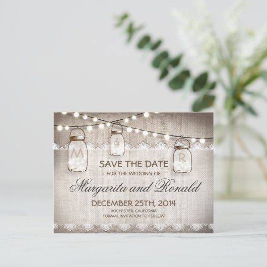 メイソン・ジャースとバーラップ・レース日付を保存 案内ポストカード (スタンド正面)