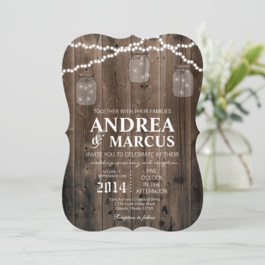 メイソン·ジャー·ストリング·ライト5x7結婚式招待状 招待状 (スタンド正面)