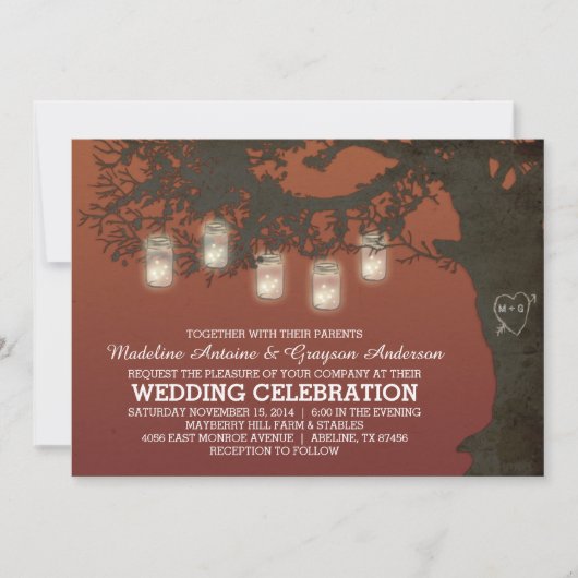 メイソン·ジャー·ストリング·ライト·オータム·ツ結婚リーズ 招待状 (正面)