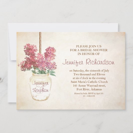 メイソン·ジャー&ピンク·ライラック·ブライドライ·シャワーの招待 招待状 (正面)
