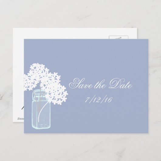 メイソン・ジャー、白いアジサイ、日付を保存 案内ポストカード (正面/裏面)