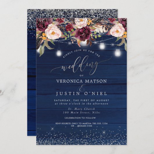 メイソン・ジャ素朴ーズ・ウッド・ネービー・ブルー+バーガンディ・フラワーズ 招待状 (正面/裏面)