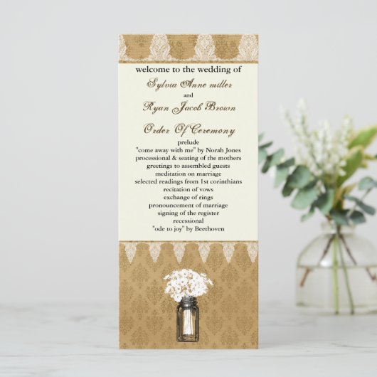 メイソンjarのデイジー、burlapウェディングプログラム プログラム (スタンド正面)