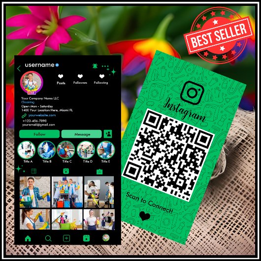 メイドクリーニングインスタグラムグリーン |ハウスキーピングQR 名刺