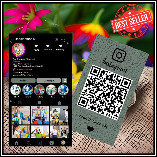メイドクリーニングインスタグラムセージ緑のハウスキーピングQR 名刺