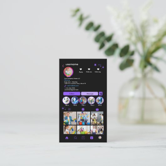 メイドクリーニングインスタグラムパープル |ハウスキーピングQR 名刺 (スタンド正面)