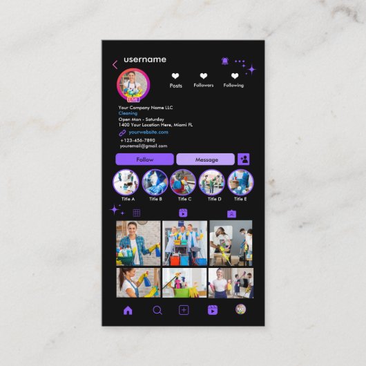 メイドクリーニングインスタグラムパープル |ハウスキーピングQR 名刺 (正面)