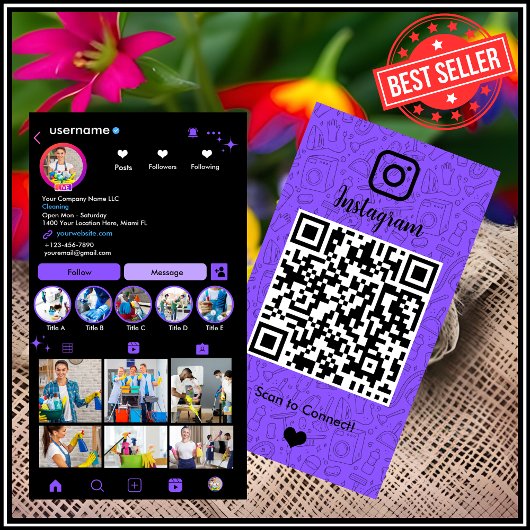 メイドクリーニングインスタグラムパープル |ハウスキーピングQR 名刺