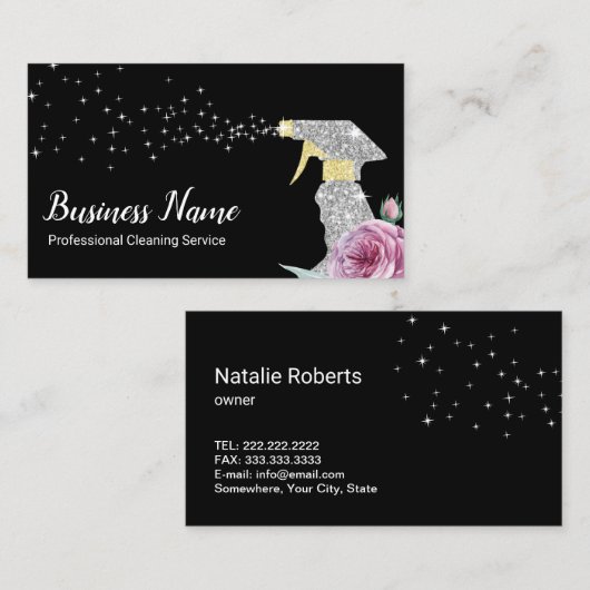 メイドクリーニングサービスシルバースプレーピンクフローラ 名刺 (正面/裏面)