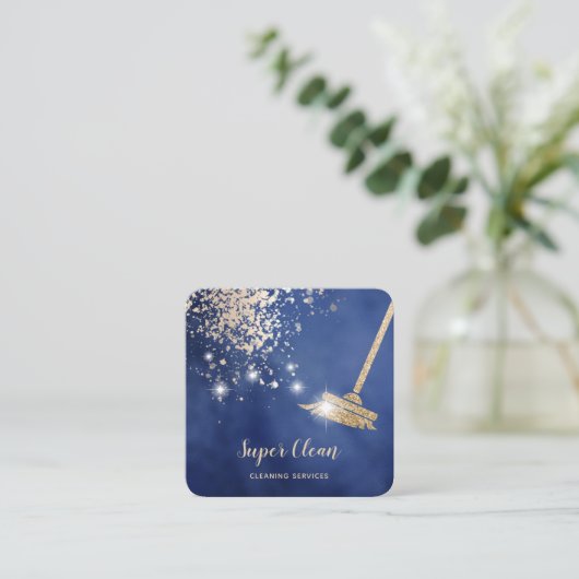 メイドクリーニングハウスきらめくドリップ金ゴールド広場 スクエア名刺 (スタンド正面)