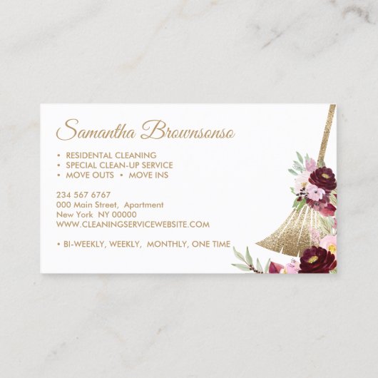 メイドクリーニングハウスきらめく金ゴールドピンクフローラ 名刺 (裏面)