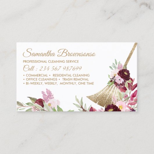 メイドクリーニングハウスきらめく金ゴールドピンクフローラ 名刺 (正面)