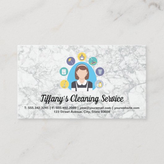 メイドサービスアイコンのクリーニング | 大理石背景 名刺 (正面)