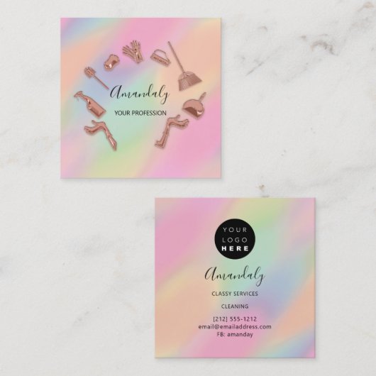 メイドハウスクリーニングオフィスサービスロゴカスタム スクエア名刺 (正面/裏面)