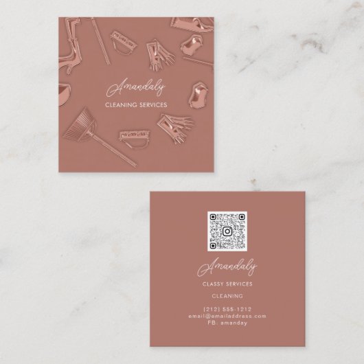 メイドハウスクリーニングオフィスサービスロゴQRコード スクエア名刺 (正面/裏面)