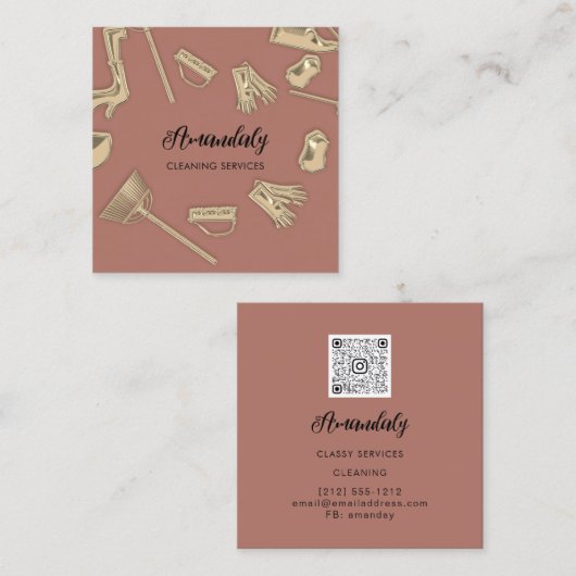 メイドハウスクリーニングオフィスサービスQRコードバラ スクエア名刺 (正面/裏面)
