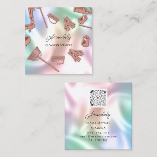 メイドハウスクリーニングオフィスサービスQRコードバラ スクエア名刺 (正面/裏面)