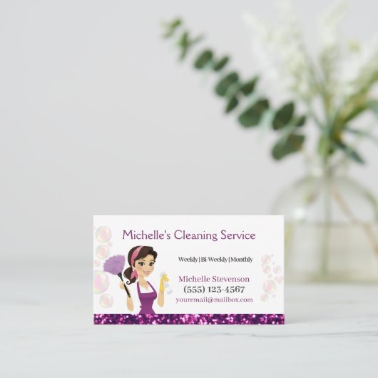 メイドハウスクリーニングサービスパープルグリッター 名刺 (スタンド正面)