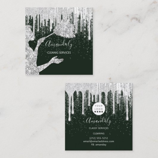 メイドハウスクリーニングサービスロゴグレードリップグラム スクエア名刺 (正面/裏面)