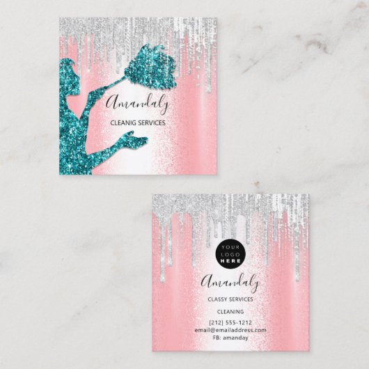 メイドハウスクリーニングサービスロゴグレードリップティール(緑がかった色) スクエア名刺 (正面/裏面)