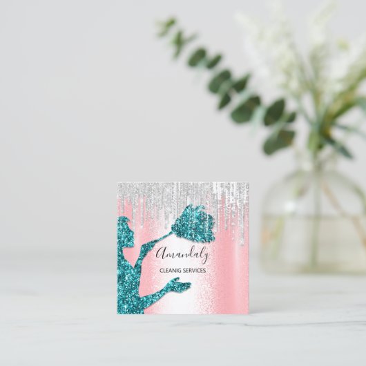 メイドハウスクリーニングサービスロゴグレードリップティール(緑がかった色) スクエア名刺 (スタンド正面)