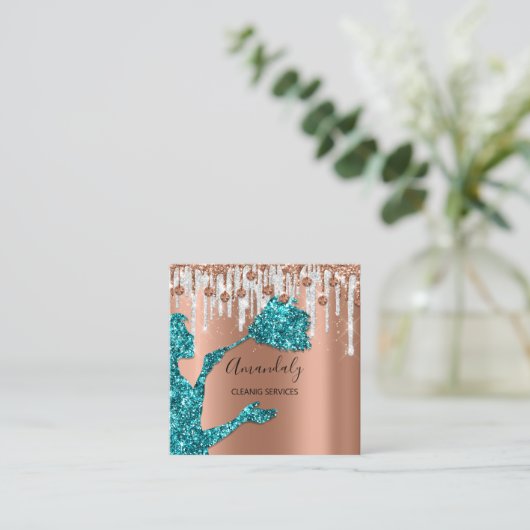 メイドハウスクリーニングサービスロゴグレードリップティール（緑がかった色） スクエア名刺 (スタンド正面)