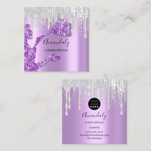 メイドハウスクリーニングサービスロゴグレードリップパープル スクエア名刺 (正面/裏面)