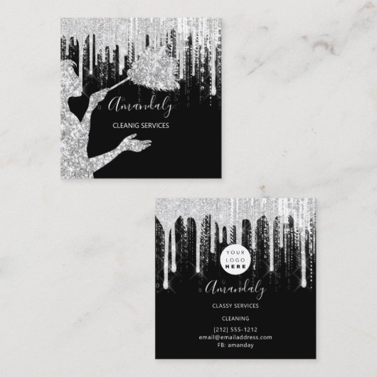 メイドハウスクリーニングサービスロゴグレードリップブラック スクエア名刺 (正面/裏面)