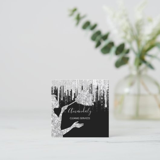 メイドハウスクリーニングサービスロゴグレードリップブラック スクエア名刺 (スタンド正面)