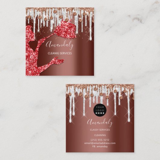 メイドハウスクリーニングサービスロゴグレードリップレッド スクエア名刺 (正面/裏面)