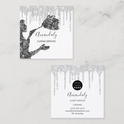 メイドハウスクリーニングサービスロゴシルバーグレードリップ スクエア名刺 (正面/裏面)