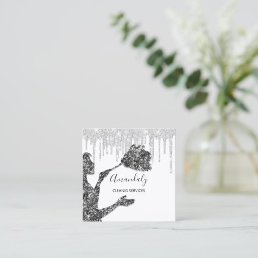 メイドハウスクリーニングサービスロゴシルバーグレードリップ スクエア名刺 (スタンド正面)