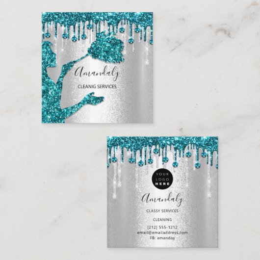 メイドハウスクリーニングサービスロゴシルバーダイヤモンド スクエア名刺 (正面/裏面)