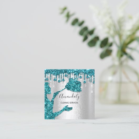 メイドハウスクリーニングサービスロゴシルバーダイヤモンド スクエア名刺 (スタンド正面)